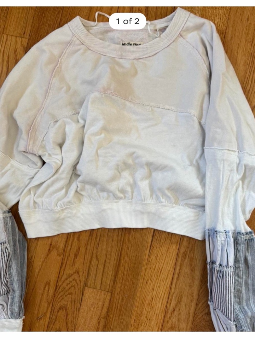 Free People Light Blue Cropped Pullover with Striped Patch Sleeves